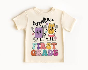 Camisa personalizada de primer grado, camisa personalizada de regreso a la escuela, camisa retro de primer grado para niñas, camisa de primer grado, chica groovy de primer grado
