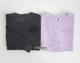 Comfort Colors® Custom Embroidered Monogram Sweatshirt, Simple Monogram Sweatshirt, Embroidered Monogrammed Sweatshirt or T-Shirt,