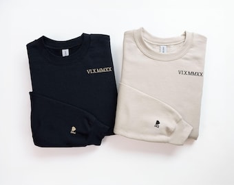 Personalized Anniversary Embroidered Sweatshirt, Roman Numeral Initial On Sleeve, Anniversary Gift For Him, Roman Numerals Couple Sweatshirt