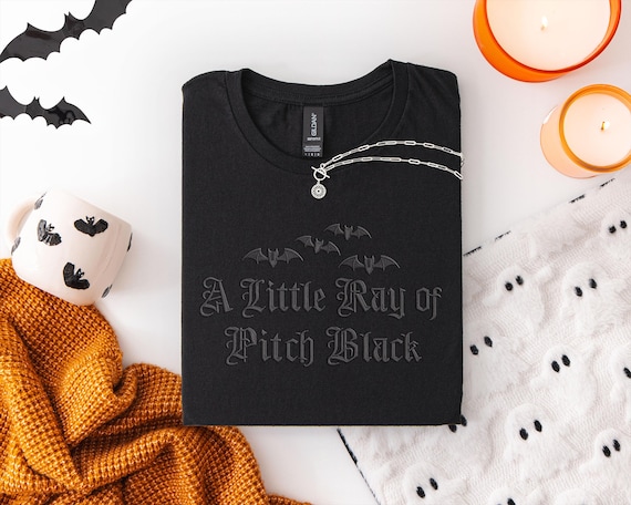 Halloween Embroidered T-Shirt – “A Little Ray of Pitch Black” with Bats – Spooky Goth Embroidery Tee – Dark Aesthetic Halloween Shirt