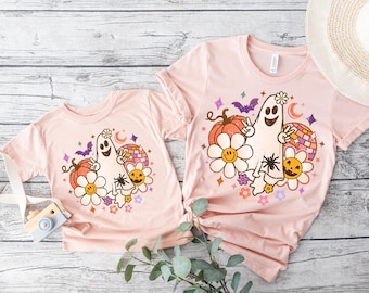 ピンクのハロウィンシャツ、ママと私のハロウィンシャツ、ママと私のための秋シャツ、幼児用ハロウィンコスチュームシャツ、かわいいゴーストシャツ、レトロ