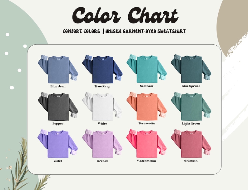 Puede incluir: Una carta de colores muestra sudaderas unisex te&ntilde;idas con diferentes colores. Los colores incluyen azul vaquero, azul marino, espuma de mar, abeto azul, pimienta, blanco, terracota, verde claro, violeta, orqu&iacute;dea, sand&iacute;a y carmes&iacute;.