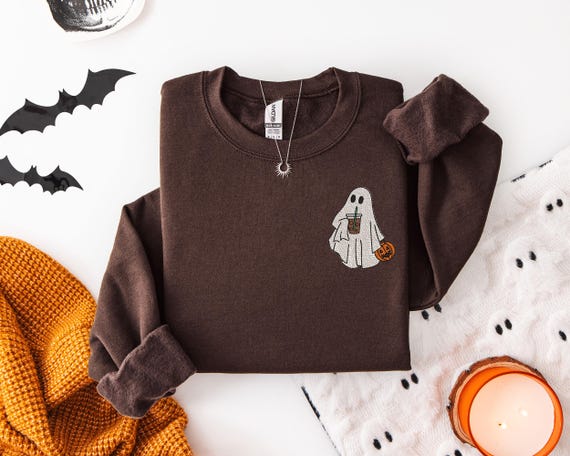 Embroidered Ghost Sweatshirt, Embroidered Fall Sweatshirt, Ghost With Coffee Sweatshirt, Halloween Embroidered Sweatshirt, Spooky Season
