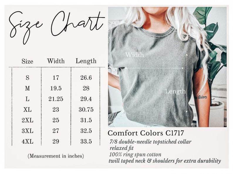 K&ouml;nnte beinhalten: Gr&ouml;&szlig;entabelle f&uuml;r ein T-Shirt mit Ma&szlig;en in Zoll f&uuml;r Breite und L&auml;nge. Die Tabelle zeigt die Gr&ouml;&szlig;en S bis 4XL. Das T-Shirt wird als "Comfort Colors C1717" mit einem 7/8-Doppelnadel-Stehkragen, lockerer Passform, 100% Ringspinn-Baumwolle und einem Webband-Kragen und -Schultern f&uuml;r zus&auml;tzliche Strapazierf&auml;higkeit beschrieben.