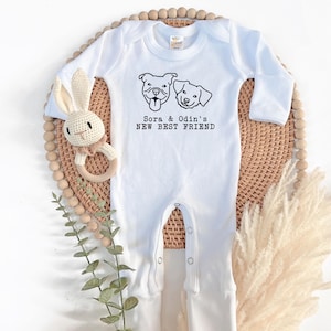 A white onesie with a graphic of two dogs and the text "Sora & Odin's NEW BEST FRIEND" is displayed on a woven basket, accompanied by a stuffed rabbit and some greenery.
