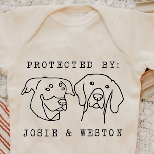 Protected By Dog Onesie®, Custom Dog Breed Onesie®, Personalized Dog Name Baby Onesie®, Dog Sibling Outfit, Baby Shower Gift, Typewriter Natural