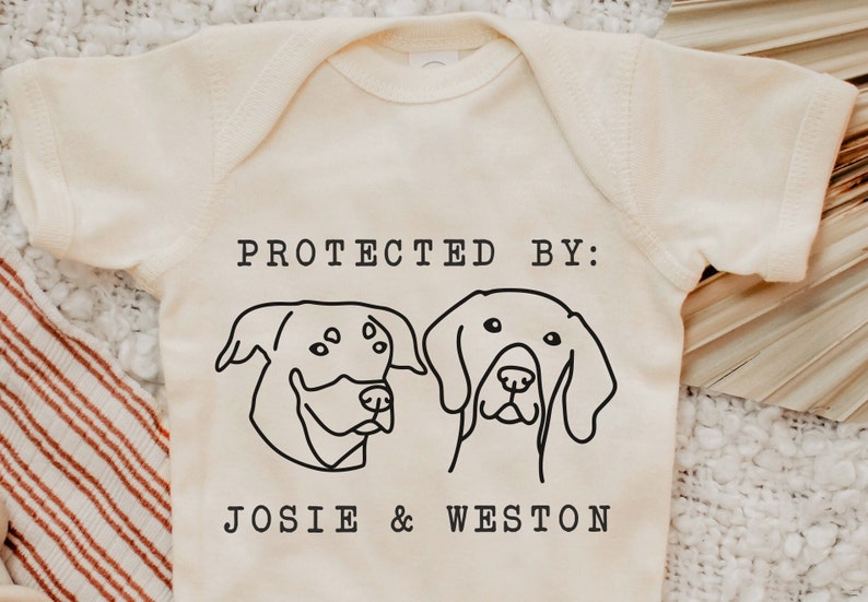 Protected By Dog Onesie®, Custom Dog Breed Onesie®, Personalized Dog Name Baby Onesie®, Dog Sibling Outfit, Baby Shower Gift, Typewriter Natural