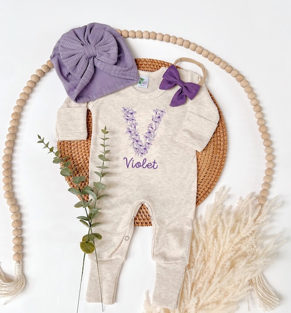 Embroidered Personalized Purple Romper, Girl Coming Home Outfit, Baby Romper Hat Set, Baby Shower Gift, Lavander Baby Romper, Floral Letter