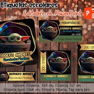 Puede incluir: Etiquetas escolares con un personaje alienígena verde en una cápsula oscura, con el texto "RODOLFO ANDRES Hernández Martínez". Incluye etiquetas de varios tamaños, con el texto "Etiquetas escolares Editable en PowerPoint".