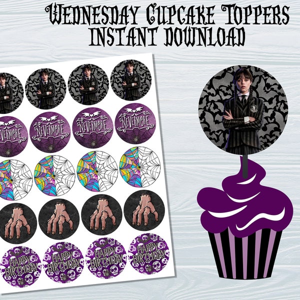 WEDNESDAY Addams CUPCAKE toppers | Addams Family Party Decorations Printable cupcake | instant download / cupcake toppers MERLINA