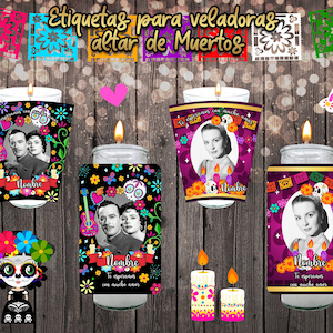Op de afbeelding: Kaarslabels voor altaarkaarsen voor de Dag van de Doden. De labels bevatten afbeeldingen van koppels, schedels, bloemen en gitaren. De tekst op de labels bevat het woord "Nombre" en de zin "Te esperamos con mucho amor."