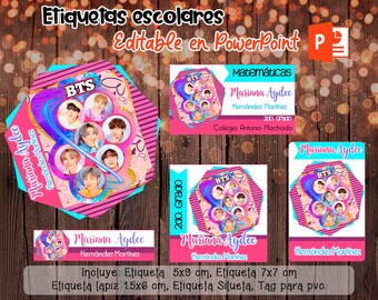 ETIQUETAS ESCOLARES editables PowerPoint, etiquetas escolares BTS para Imprimir. Descarga Inmediata!