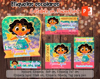 ETIQUETAS ESCOLARES editables en PowerPoint, etiquetas escolares ENCANTO para Imprimir, descarga inmedita.