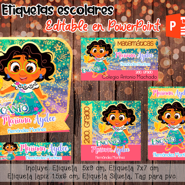 ETIQUETAS ESCOLARES editables en PowerPoint, etiquetas escolares ENCANTO para Imprimir, descarga inmedita.