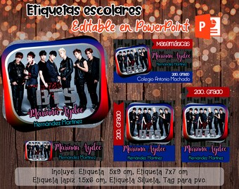 ETIQUETAS ESCOLARES editables PowerPoint, etiquetas escolares BTS para Imprimir. Descarga Inmediata!