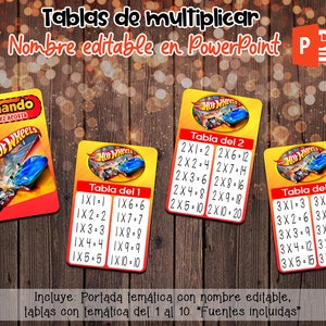 TABLAS DE MULTIPLICAR carros Nombre Editable en PowerPoint, tablas de multiplicar para Imprimir, descarga inmediata / Archivo tamaño carta.