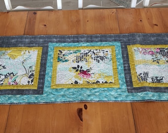 Modern  Quilted Spring Table Runner with grey flannel backing.  Heavy and interesting quilting.