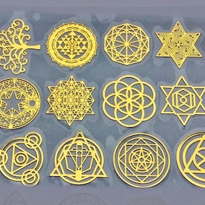 Heilige Geometrie 18 x Metall Aufkleber Blume des Lebens, Metatron, Orgonit Set D