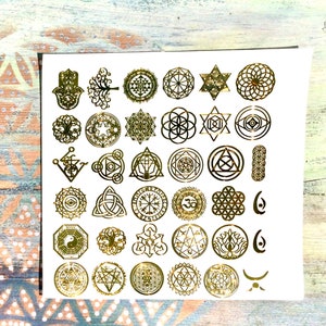 Sacred Geometry 36 x Metal Sticker Set Venus Flower of Life, Metatron, Orgonite Pyramid