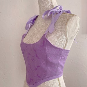 Haut corset en brocart brodé bouton de rose violet lilas / haut corset de style victorien / haut bustier lavande / haut corset lavande / image 4
