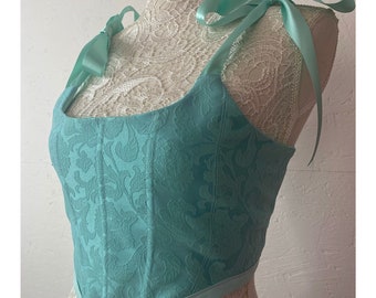 Aqua sea Mint embroidered brocade corset style top / victorian style corset top  / Mint corset bustier top / jacquard fabric corset top