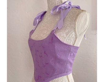 Lilac purple rose bud embroidered brocade corset top / victorian style corset top  / lavender bustier top / lavender corset top /