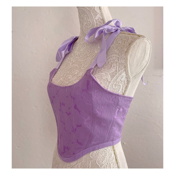 Lilac purple rose bud embroidered brocade corset top / victorian style corset top  / lavender bustier top / lavender corset top /