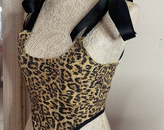 Top corsetto in broccato ricamato con stampa leopardata / top corsetto ghepardo in pizzo vittoriano / top bustier leopardato / corsetto jacquard