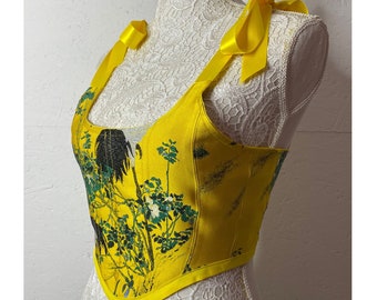 Yellow embroidered brocade corset top / victorian style corset top  / bustier top / upcycled corset top / jacquard corset