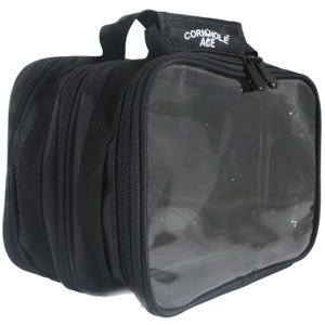 May include: Black zippered travel bag with a clear plastic window and a handle. The bag has the text "Cornhole Ace" printed on the front.