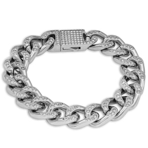 CUBAN 13MM Silver Stainless Steel Hand Chain With Titanium With White Zircon