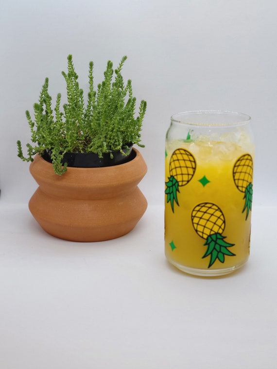 Pineapple Glass Can + Straw | Coffee Glass | Water Glass Iced Coffee Glass  | Beer Can Glass with lid 