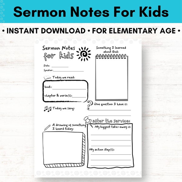 Sermon Notes for Kids, Printable Church Worksheet to Engage Your Elementary-Age Kids in Church, Simple Activity for Children's Bible Time