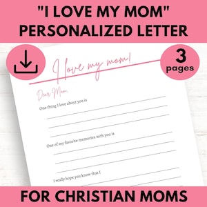 Carta personalizada "Amo a mi mamá" que puedes imprimir en casa, gran regalo de San Valentín o regalo del Día de la Madre para una mamá, mamá o mamá cristiana - PDF