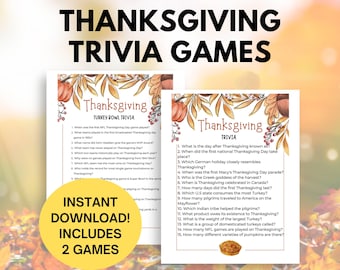 May include: Two printable Thanksgiving trivia game cards with fall-themed illustrations. The first card is titled "Turkey Bowl Trivia" and the second card is titled "Thanksgiving Trivia". Both cards feature questions about Thanksgiving traditions and history.