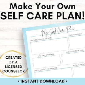 Self Care Plan Template PDF, Mental Health Worksheet From A Licensed Counselor, Includes Guided Assessment And Quick Start Self Care Ideas