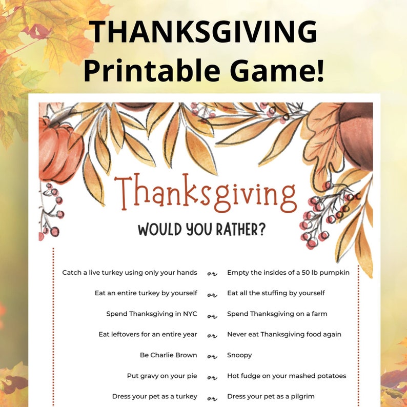 Would You Rather Thanksgiving Game To Print At Home - For Sale On Etsy