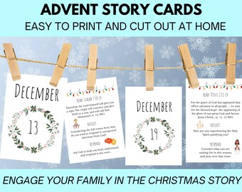Advent Story Cards for DIY Advent Calendar, Printable Christmas Scripture Cards, 25 Bible Readings and Reflection Questions for December