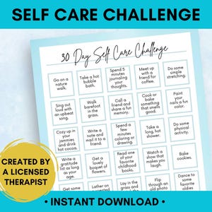 Self Care 30 Day Challenge From Licensed Therapist, Printable Mental Health Worksheet, Mental Health Bingo, Self Care Habit Tracker - PDF