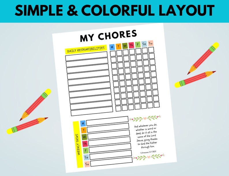 Printable Chore Chart For Kids With Christian Biblical Etsy Singapore