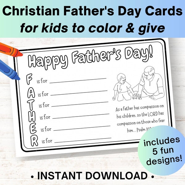 Christian Father's Day Cards for Kids To Color, DIY Gift for Dad with Bible Verse on Each Card, Printable Kids Craft, Preschool Craft (PDF)
