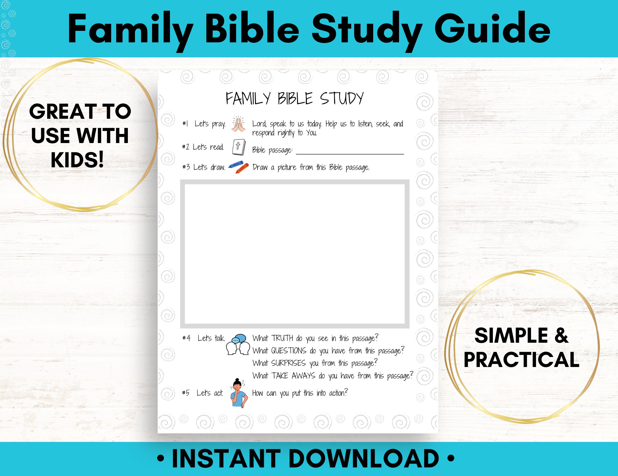Family Bible Study Guide, Printable Worksheet for Family Devotions and