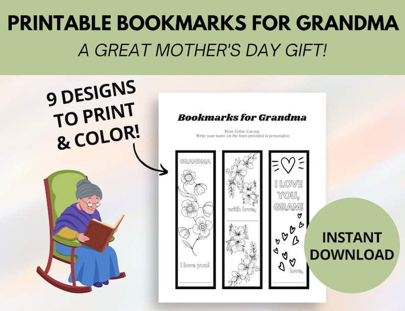 Mother's Day Gift for Grandma, Printable Bookmarks to Color and Personalize, Great Grandma Gift from Grandkid and Fun Craft for Kids image 1