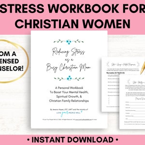 Pu&ograve; includere: Un quaderno di lavoro stampabile intitolato "Ridurre lo stress come una mamma cristiana impegnata" con disegni floreali e il testo "Un quaderno di lavoro personale per migliorare la tua salute mentale, la crescita spirituale e le relazioni familiari cristiane".