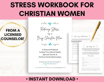 Cahier d'exercices imprimable sur le soulagement du stress pour les femmes chrétiennes, imprimable sur la santé mentale, cahier d'exercices sur les soins personnels et la gestion du stress, ebook de bien-être PDF