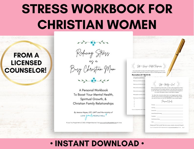 Pu&ograve; includere: Un quaderno di lavoro stampabile intitolato "Ridurre lo stress come una mamma cristiana impegnata" con disegni floreali e il testo "Un quaderno di lavoro personale per migliorare la tua salute mentale, la crescita spirituale e le relazioni familiari cristiane".