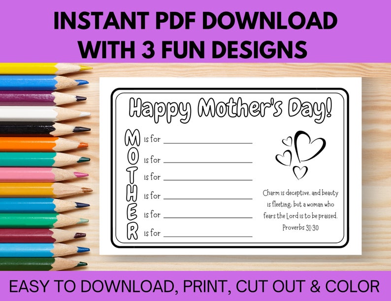 Christian Printable Mother's Day Cards to Color PDF, Coloring Cards for ...