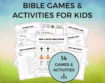 May include: A set of 14 printable Bible games and activities for kids. The games include coloring pages, a Bible alphabet game, a word search, a scavenger hunt, and a matching game. The games are designed to be fun and educational for children.