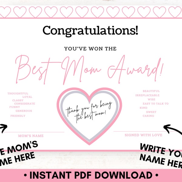 Best Mom Award Certificate, Great Last Minute Gift, Mother's Day and Birthday Gift for Mom, Fun Best Mom Certificate of Appreciation - PDF