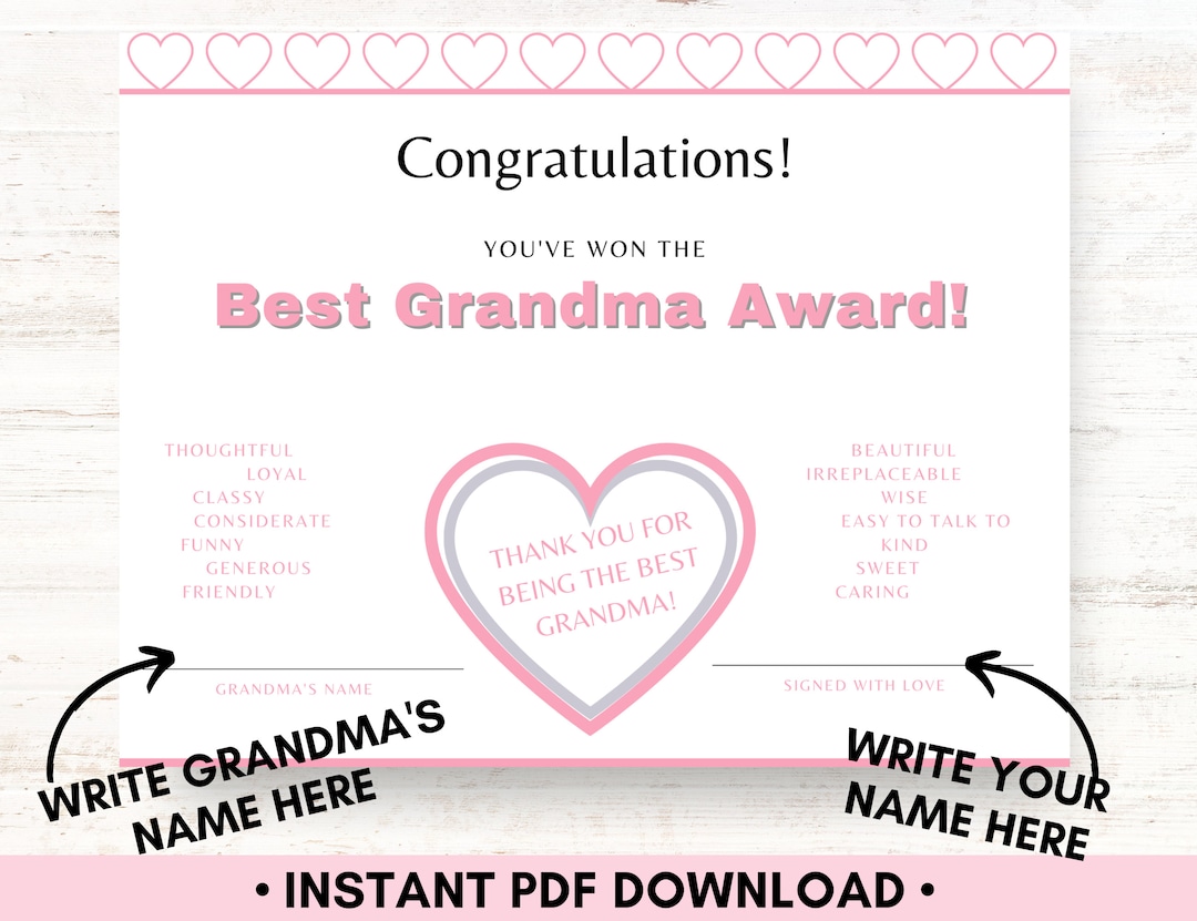 Best Grandma Award Certificate Great Last Minute Gift Etsy